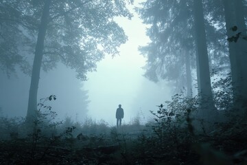 Silhouette of person in foggy forest morning