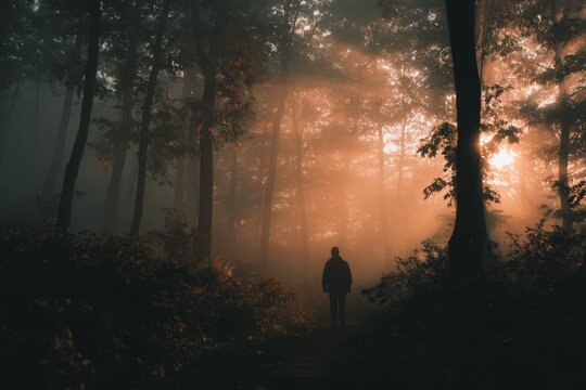 Silhouette of person in foggy forest morning - Powered by Adobe