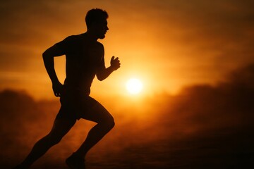 Silhouetted athlete running through dust at sunrise, with a stunning golden sky illuminating the scene and capturing the essence of determination