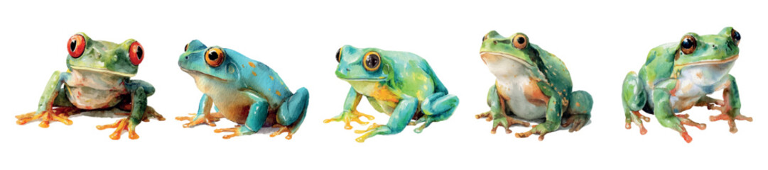 set of watercolor frogs. river and lake green frogs in realistic watercolor style. Aquatic freshwater inhabitants. Green swamp frogs. Vector illustration.
