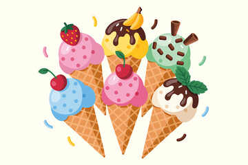 Colorful Ice Cream Cones Collection Delicious Sweet Treats Illustration Vector Art Design Summer Indulgence Flavors Waffle Cones
