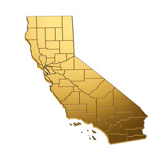 Golden 3D Map of California State Divided by Counties on Green Background