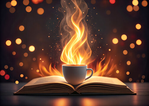 Cup of coffee on open book with flames and bokeh lights
