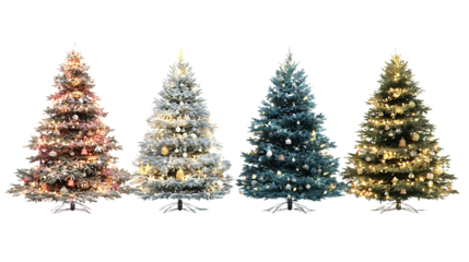 Four decorated christmas trees isolated on transparent background