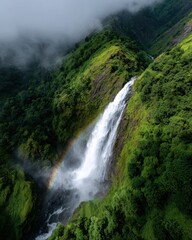 forest waterfall with mist and rainbow, lush green surroundings