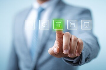 Businessman interacting with digital interface.  Hand touching a highlighted folder icon amongst other digital options