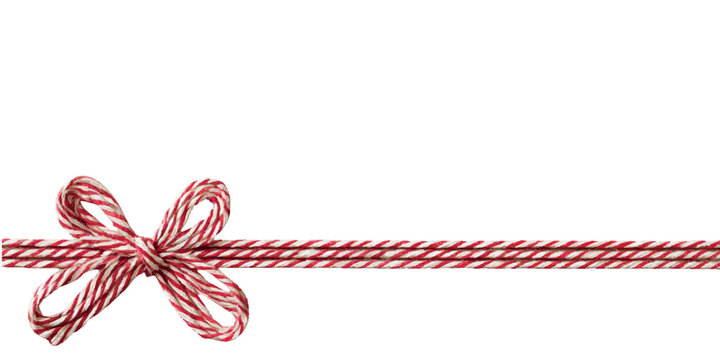 Decorative red and white cord tied in the shape of a bow. Element of packaging and decoration of Christmas gifts isolated on a white background. Christmas clipart. Vector illustration.
