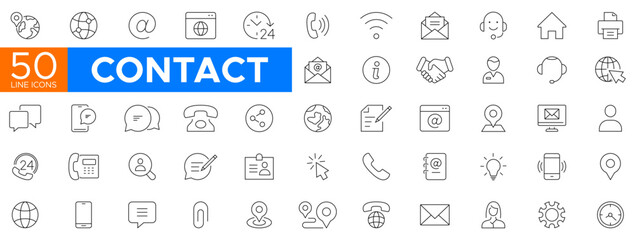 Contact thin line editable stroke icons set. Chat, support, message, phone, globe, point, chat, call, info vector.