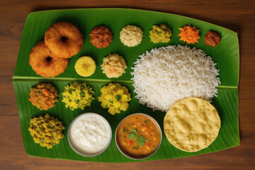 South Indian Meals Lunch Served on Banana Leaf | Rice with Vegetables Curry Sambar Rasam vada and Pappad in Banana Leaf | Rice Sambar Koottu Poriyal Rasam Vadai Appalam