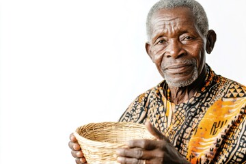 Obraz premium Elderly African man gently holds a small woven basket, representing his connection to heritage and craftsmanship