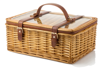 Wicker picnic basket with leather straps isolated on white background