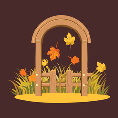 A simple wooden archway with a rustic stone base, adorned with autumn leaves and set against a dark, moody background