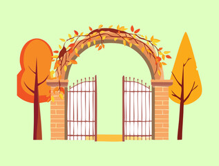 A beautiful brick archway with a metal gate, covered with vibrant autumn vines and colorful leaves in a scenic garden