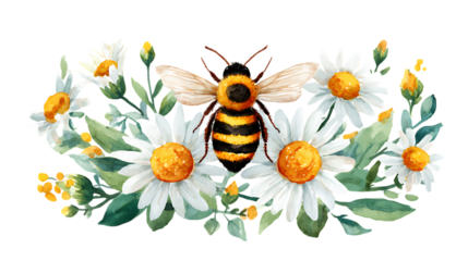 Watercolor illustration of a bumblebee surrounded by daisies and green leaves isolated on transparent background