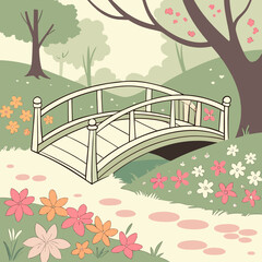 Charming garden scene with a white arched bridge surrounded by blooming flowers and lush green trees