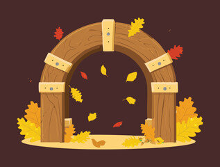 A decorative wooden arch adorned with metal accents and colorful autumn leaves falling gracefully in the air