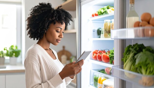 Woman Using Tablet While Planning Meal in Modern Kitchen