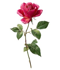 Fototapeta premium Stunning single deep pink rose with lush green leaves and a long graceful stem isolated
