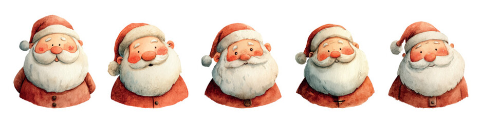 Set of vintage Santa Claus avatars. Cute Santa in a red hat and jacket, with a white beard. Christmas and New Year characters. Santa stickers for Christmas designs. Vector illustration.