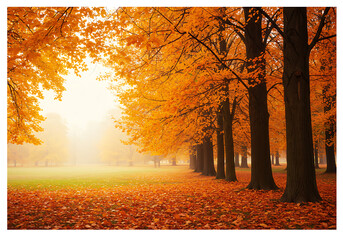 A vibrant autumn scene featuring a row of trees with golden leaves lining a grassy field covered in fallen foliage, bathed in soft, diffused sunlight.
