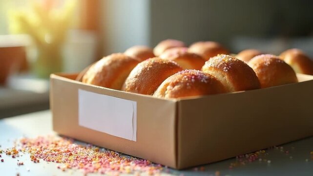 Freshly baked sweet rolls in a box with colorful sprinkles  