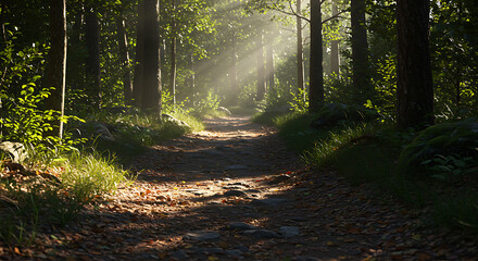 Obraz premium A sunlit path winds through a dense forest, with beams of light filtering through the canopy, illuminating the trail.
