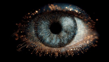 Close-up of stylized eye; digital,  iridescent,  golden sparks