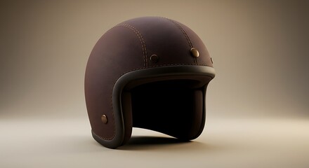 Vintage Brown Leather Motorcycle Helmet with Brass Studs and Stitching
