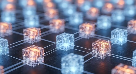 Abstract grid of glowing translucent cubes with interconnected lines representing data flow and digital networks