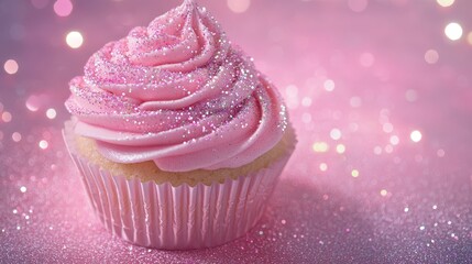 Sweet Pink Cupcake with Glittery Frosting on Soft Pink Background