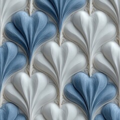 Intricate, repeating pattern of stylized,  heart-shaped,  feathery motifs in light blue and white
