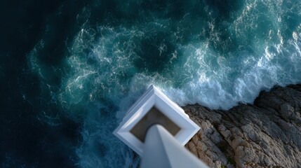 cinematic drone top view of a cliffside lighthouse with waves crashing below