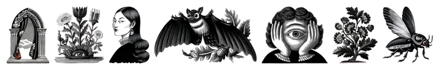 Obraz premium PNG Surreal monochrome illustrations evoke mystery, element set on transparent background