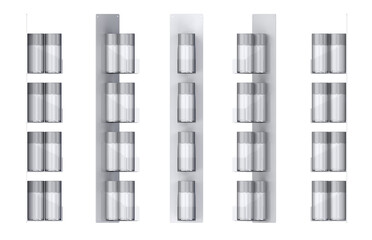 Hanging retail plastic display stand mockup with spray cans. Store hanging merchandise stripe. Front view and side view. Set of 3d illustrations isolated on white