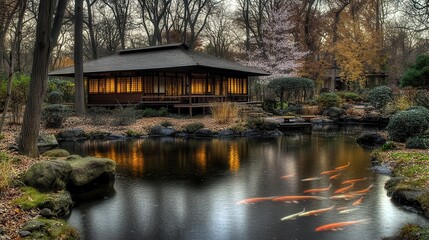 Obraz premium Tranquil Japanese Garden with Koi Pond and Serene Pavilion Scene