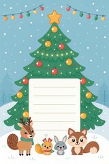 Fototapeta premium Christmas card background. Cute Christmas tree illustration with ornaments and lights, a blank greeting card in the snow and four friendly woodland animals.
