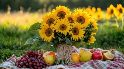 Vibrant Sunflowers and Fresh Fruits on Picnic Blanket Outdoors