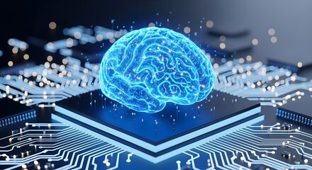 Glowing blue digital brain model rests atop a complex microchip circuit board with vibrant light effects