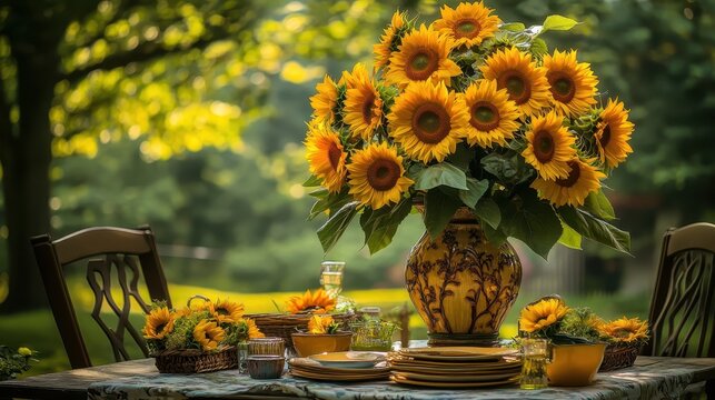 Vibrant Sunflowers in Decorative Vase on Outdoor Table Setup - Powered by Adobe