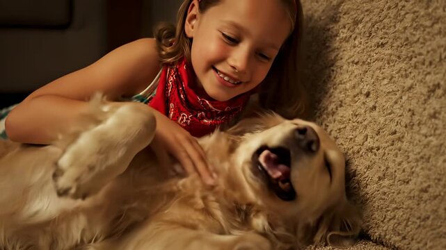 Girl and dog cuddling on the carpet indoors. A heartwarming medium shot of friendship and affection. Childhood happiness, family bond, loyal companion.
