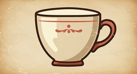 Vintage illustration of a cream-colored teacup with red accents on a textured background