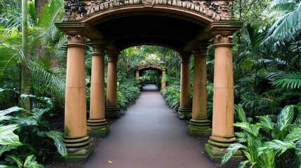 Fototapeta premium Serene Pathway with Arched Columns Amid Lush Greenery and Plants