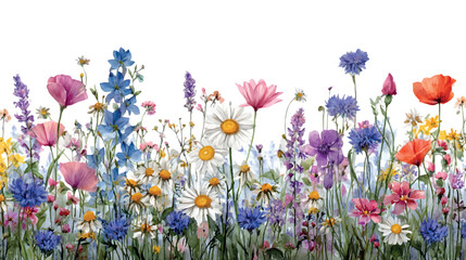 Border with watercolor flowers of field and meadow. Flowers of chamomile, red poppy, daisies, cornflowers and others. Banner with wild flowers. Summer wildflowers.  © Narin