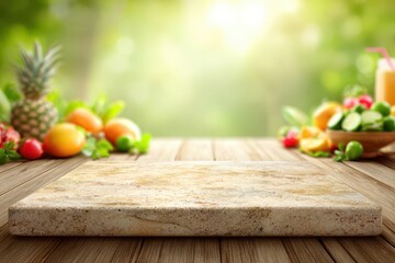 A rustic wooden table surface with an array of fresh fruits and greenery blurred in the background, creating an inviting and natural ambiance, perfect for a summer promotion