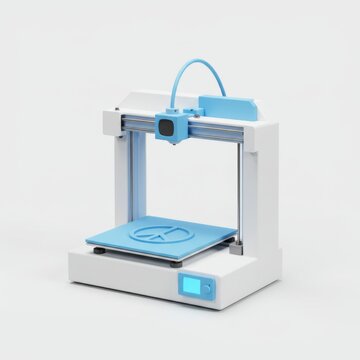 White and Blue Three Dimensional Printer Machine Object Technology on White Background