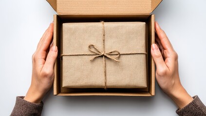 Hands holding an open cardboard box containing a wrapped gift. Light brown kraft paper wrapping is tied with twine. Neutral colors and simple design