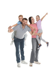 Fototapeta premium Happy family having fun on white background