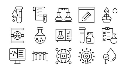 Research and experiment linear icon set. Laboratory, biology, chemistry, science, analysis, test tubes, microscope, diagnostics, medical, healthcare, vector outline icon pack. UI line icon pack.