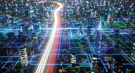 Futuristic cityscape with light trails and digital network overlay