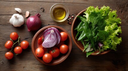 vibrant top view of fresh salad ingredients on a rustic wooden table